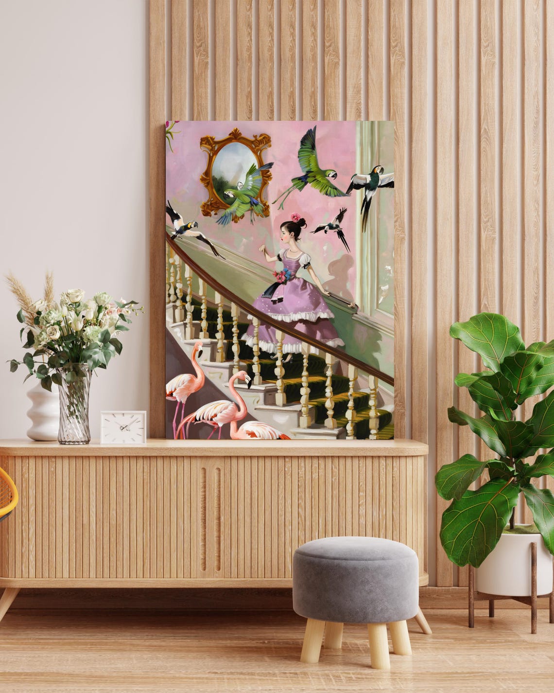 Lady Descending a Grand Staircase with Flying Parrots Poster - Image 3