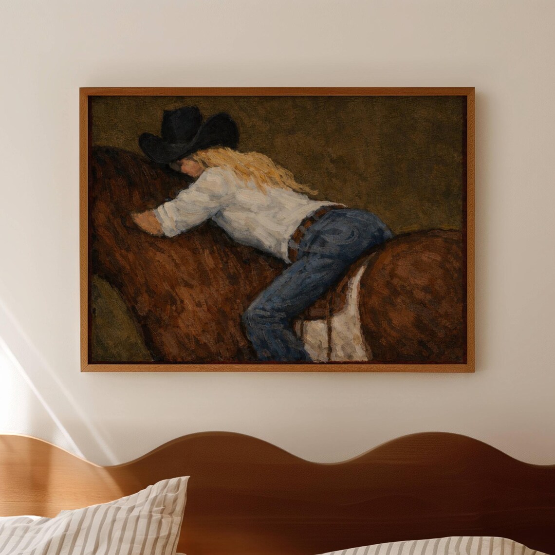 Cowgirl Resting on Her Horse Textured Western Oil Painting Style Poster