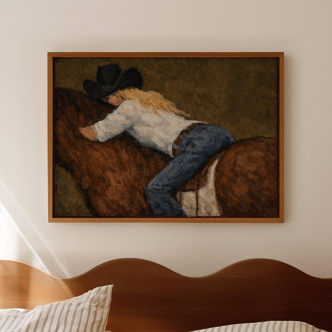 Minimal Abstract Girl On Horse Khaki Oil Painting Print Horizontal Contemporary Wall Art Hand Drawn Textured Modern Western Cowgirl Poster