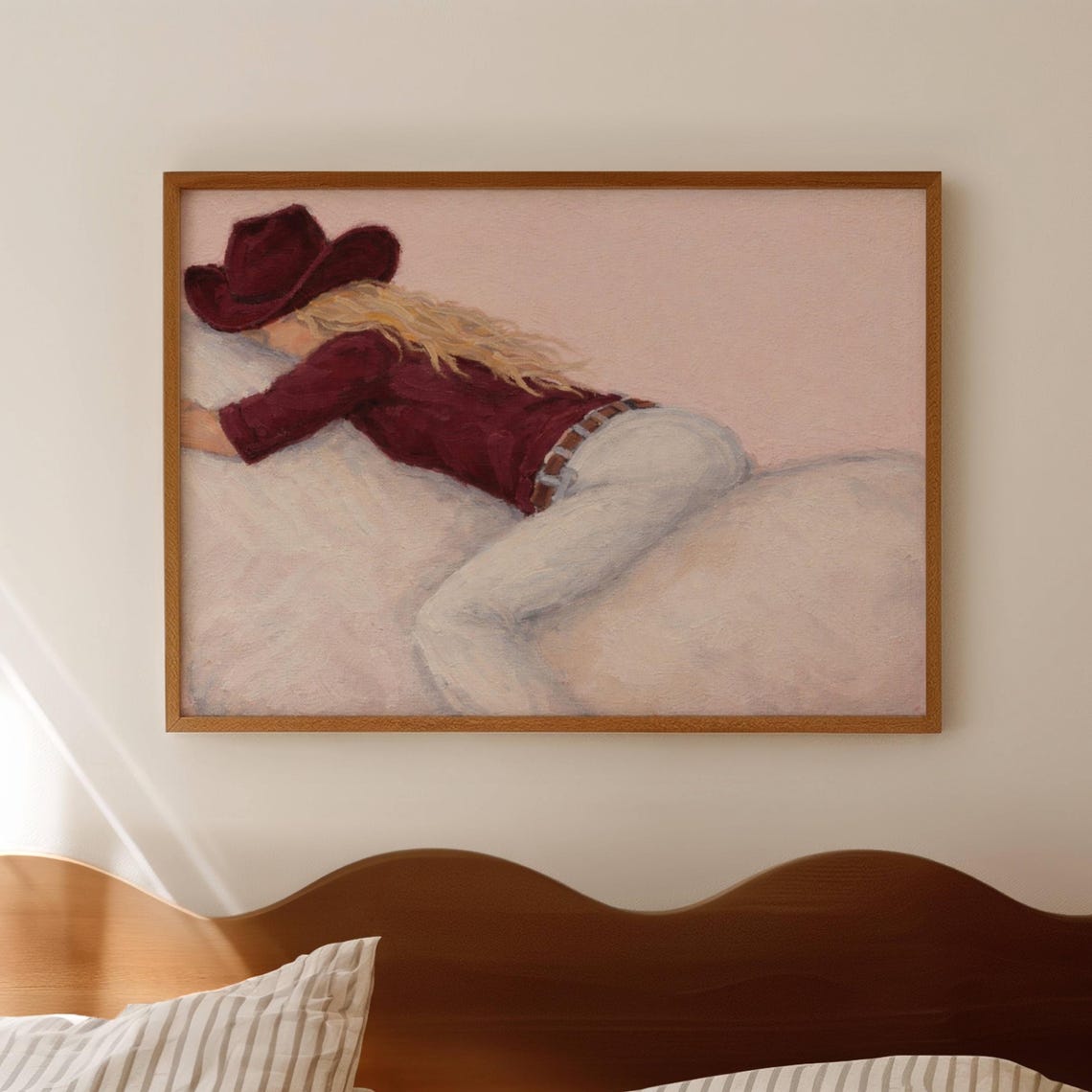 Minimal Abstract Girl On Horse Pink Oil Painting Print Horizontal Contemporary Wall Art Hand Drawn Textured Modern Western Cowgirl Poster