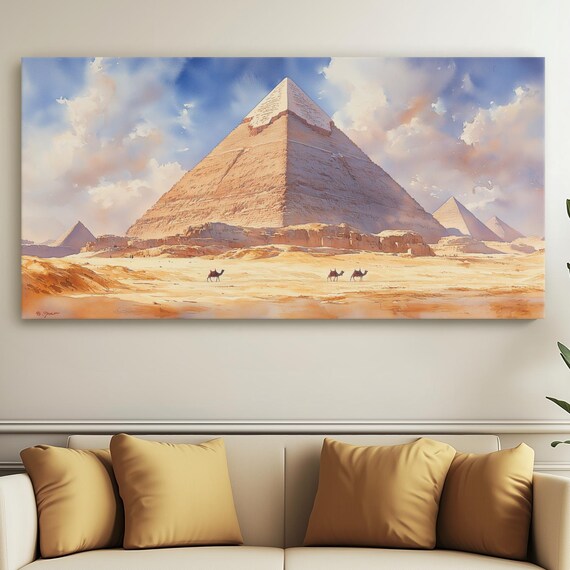 Pyramids of Giza Watercolor Camel Caravan Desert Landscape Poster