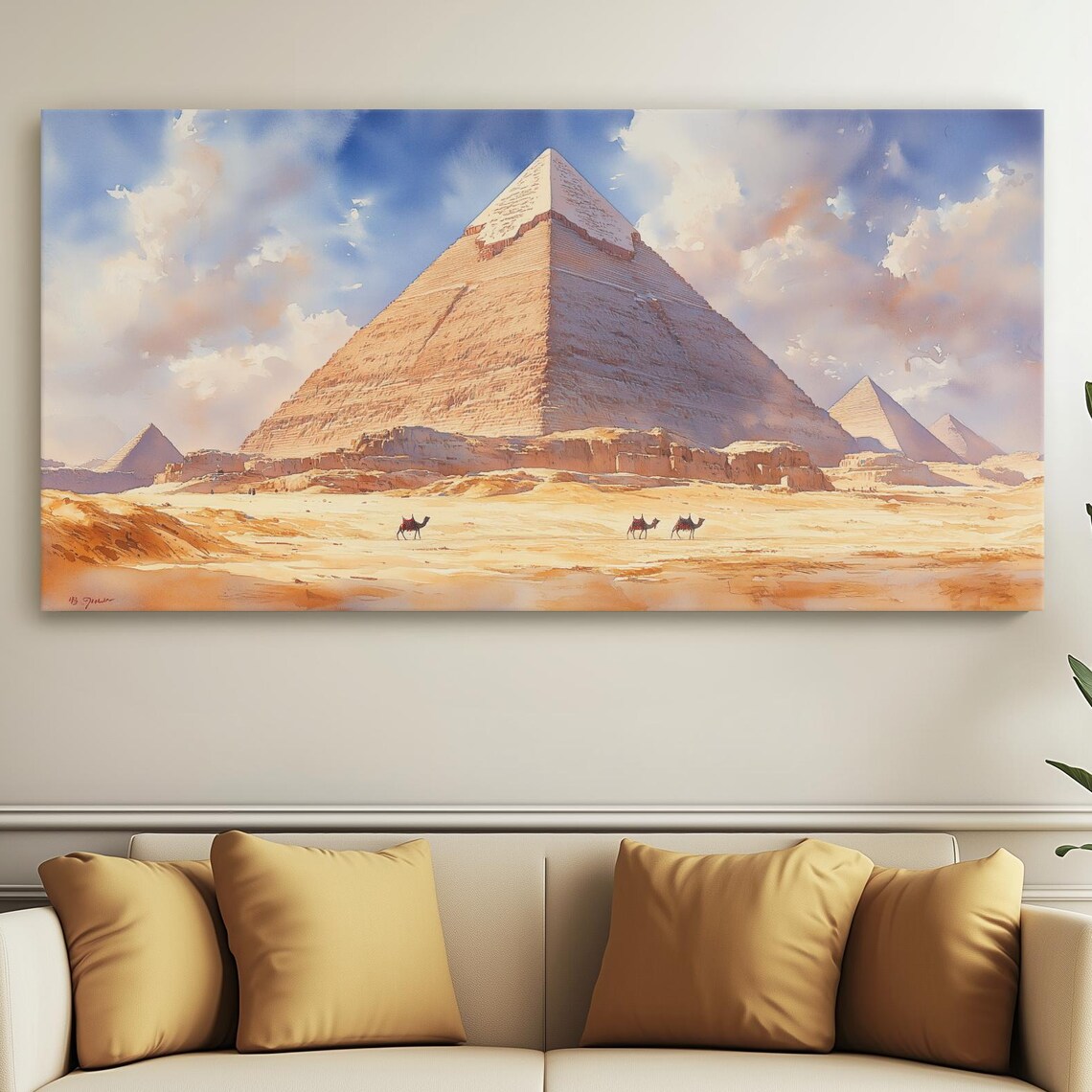 Pyramids of Giza Watercolor Camel Caravan Desert Landscape Poster