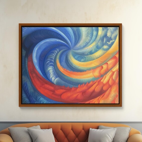 Orange And Blue Abstract Spiral Canvas Print Thought Provoking Fine Art Decor Fire Ice Swirl Large Framed Painting