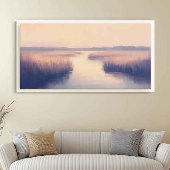 Peaceful Marshland Canvas Painting Tall Grasses Swaying Wall Decor Warm Pastel Sky Reflection Still Water Nature Giclee Fine Art Serenity