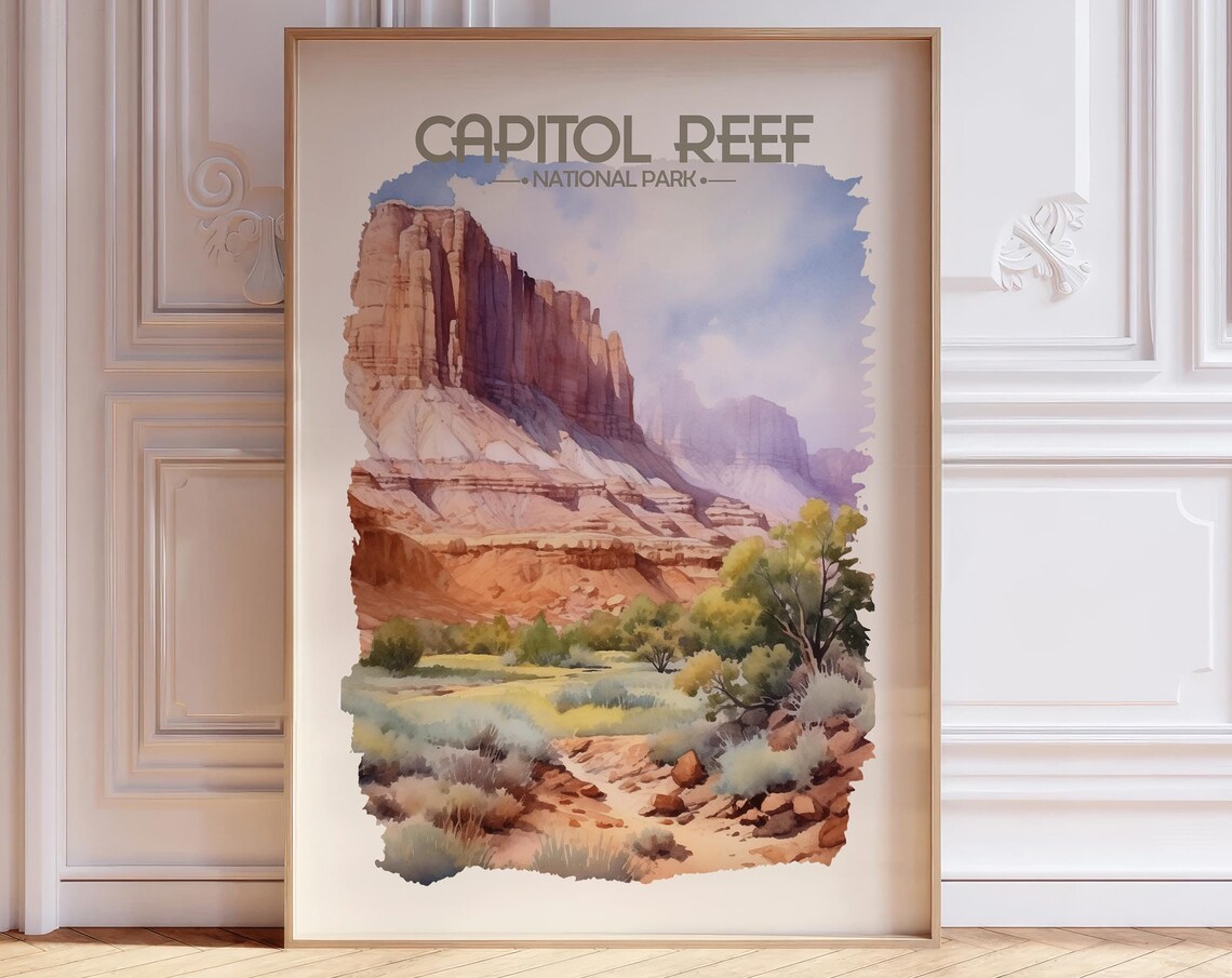 Capitol Reef National Park Red Cliffs Watercolor Travel Poster