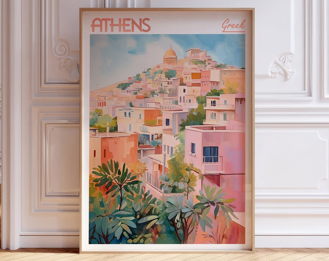 Athens Greece Watercolor Travel Poster With Terracotta Hills