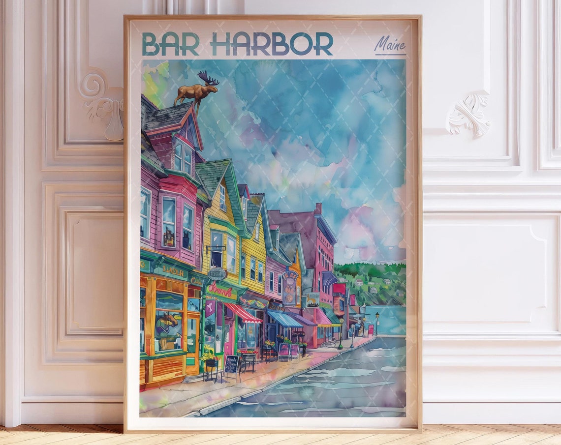 Bar Harbor Maine Colorful Storefront Street Watercolor Poster