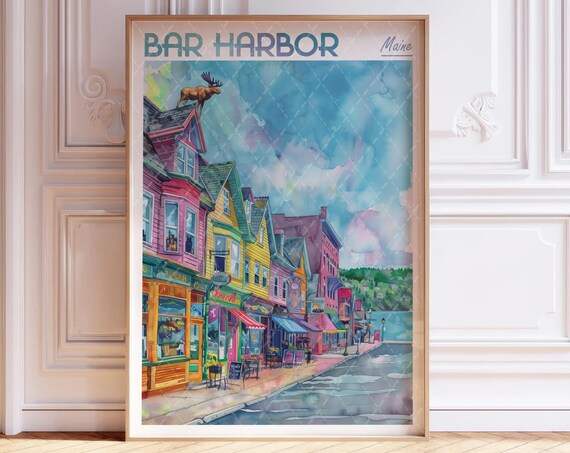 Bar Harbor Maine Colorful Storefront Street Watercolor Poster