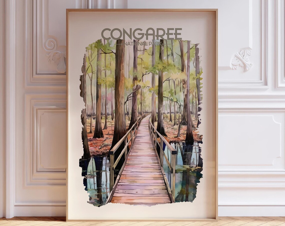Congaree National Park Boardwalk Forest Watercolor Travel Poster