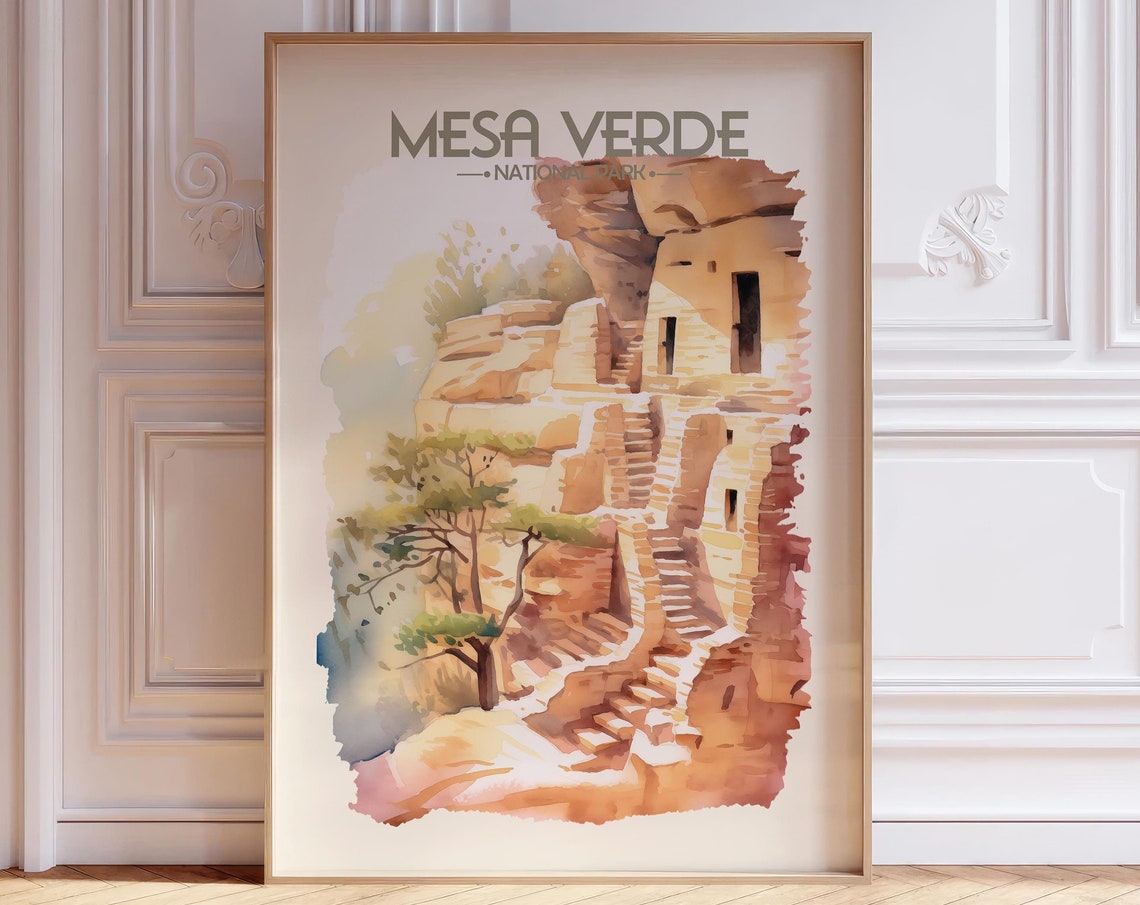 Mesa Verde National Park Watercolor Cliff Dwellings Art Poster