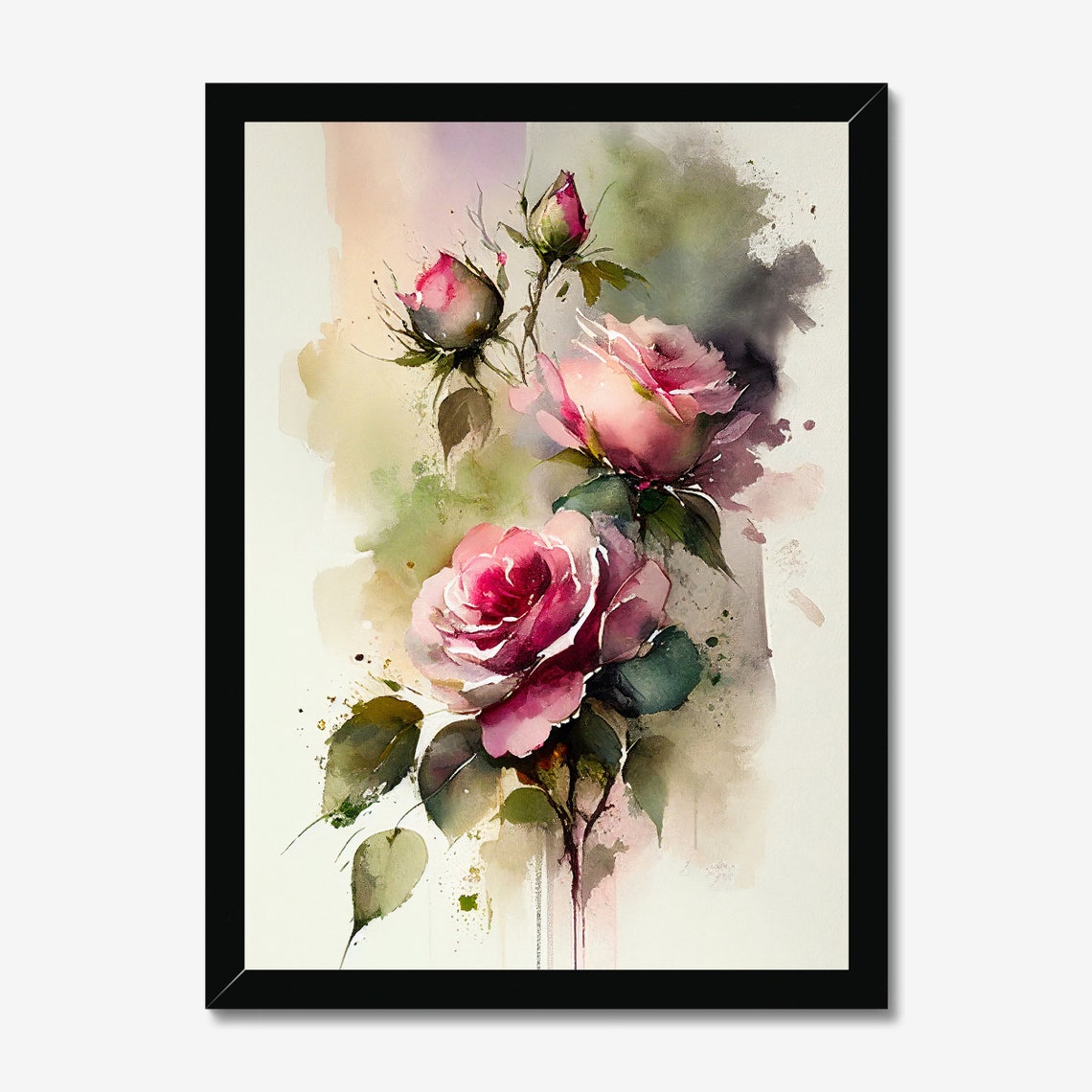 Pink Rose Blossoms in Soft Watercolor Romantic Floral Art Poster