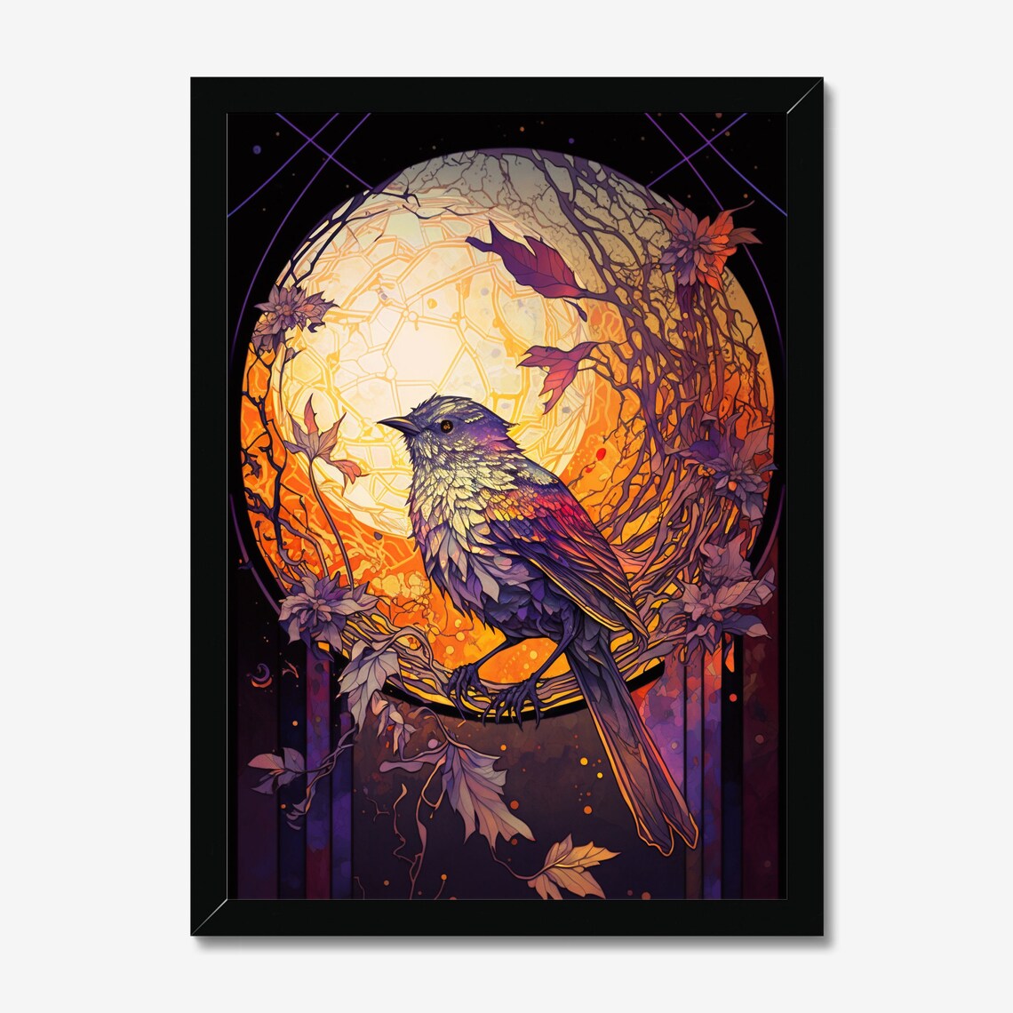 Purple Songbird on Branch Before Glowing Moon Art Nouveau Style Poster