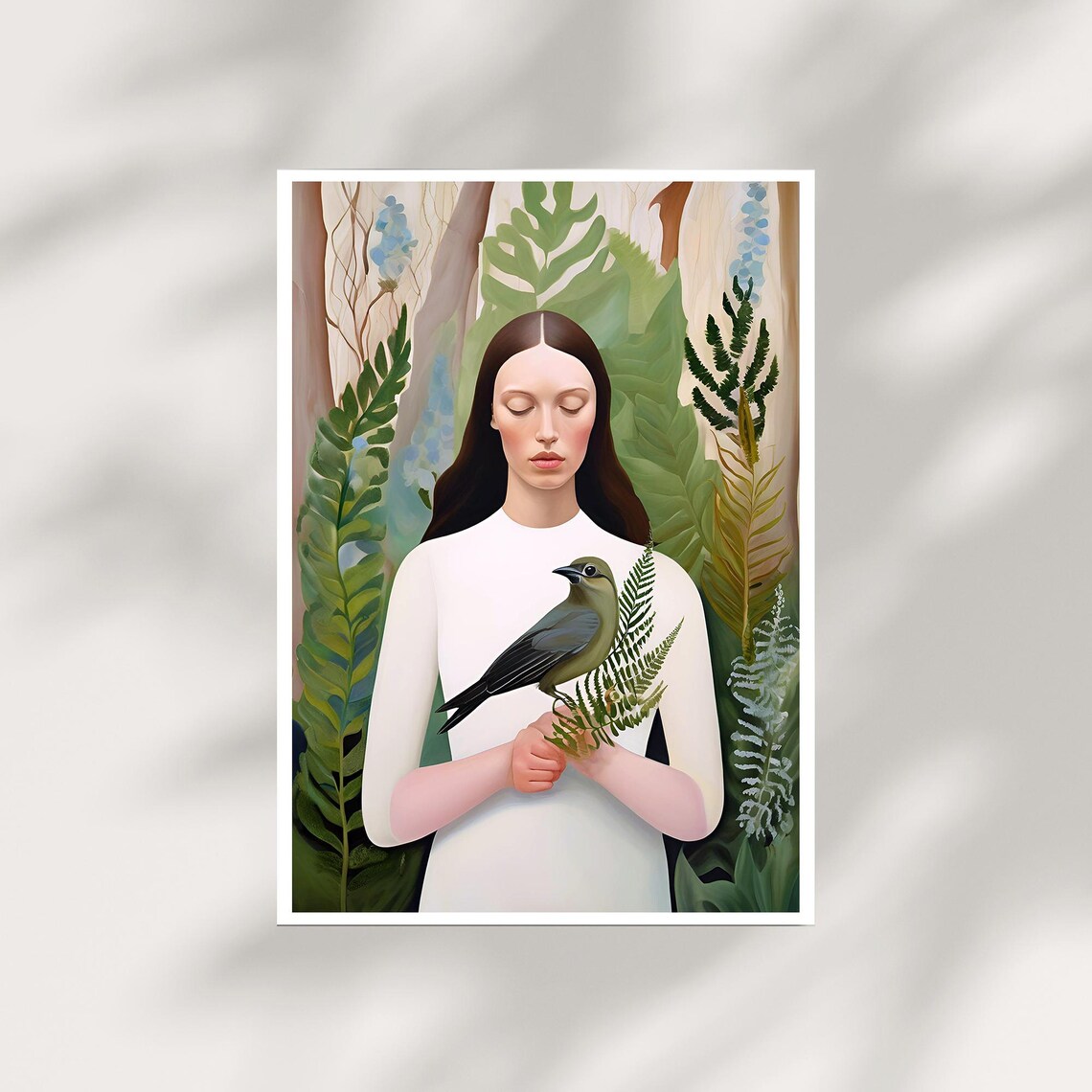 Woman Holding Bird Botanical Forest Fine Art Portrait Poster - Image 2