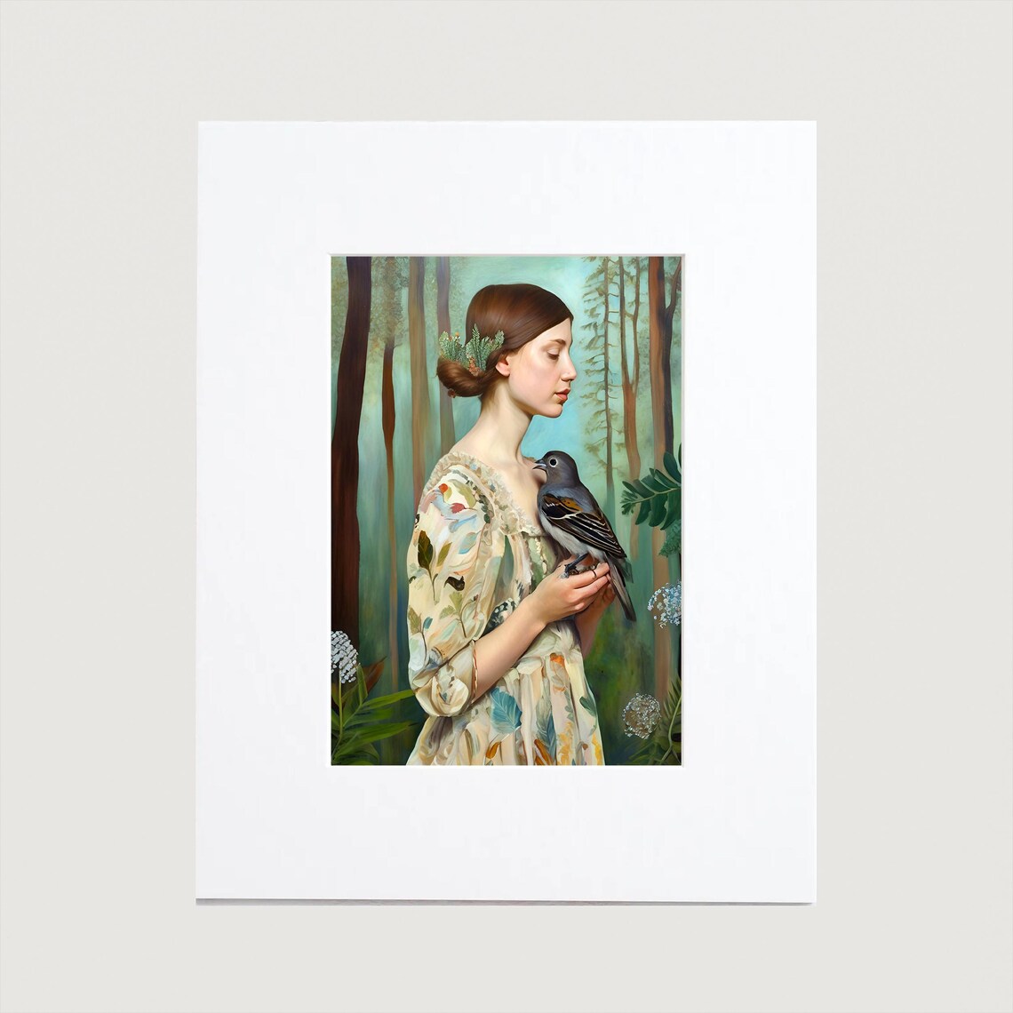 Woman In Forest Holding Bird Floral Dress Botanical Art Poster - Image 2