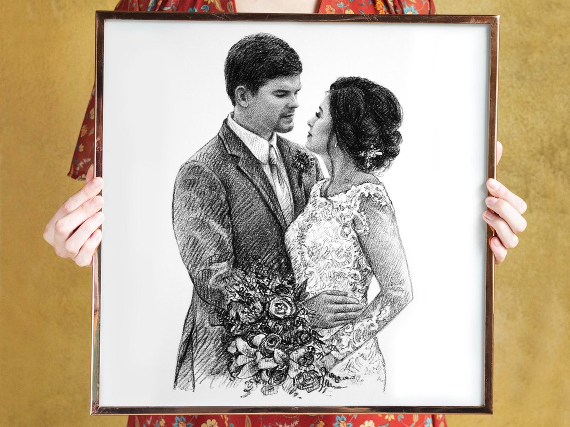 Wedding Couple Embracing with Rose Bouquet Custom Pencil Sketch Poster
