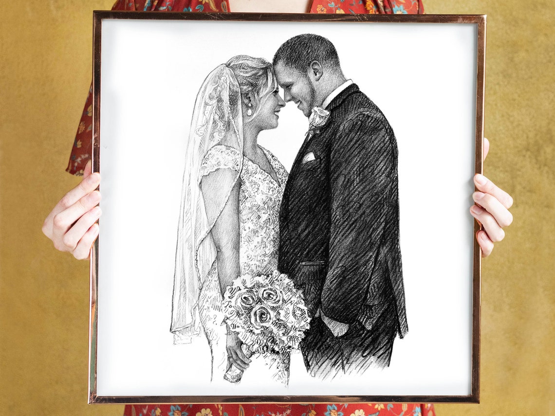 Bride and Groom Forehead to Forehead Custom Pencil Sketch Poster