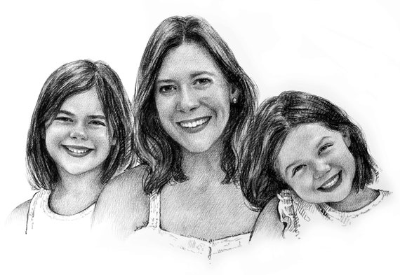 Mother with Two Daughters Custom Family Charcoal Sketch Poster