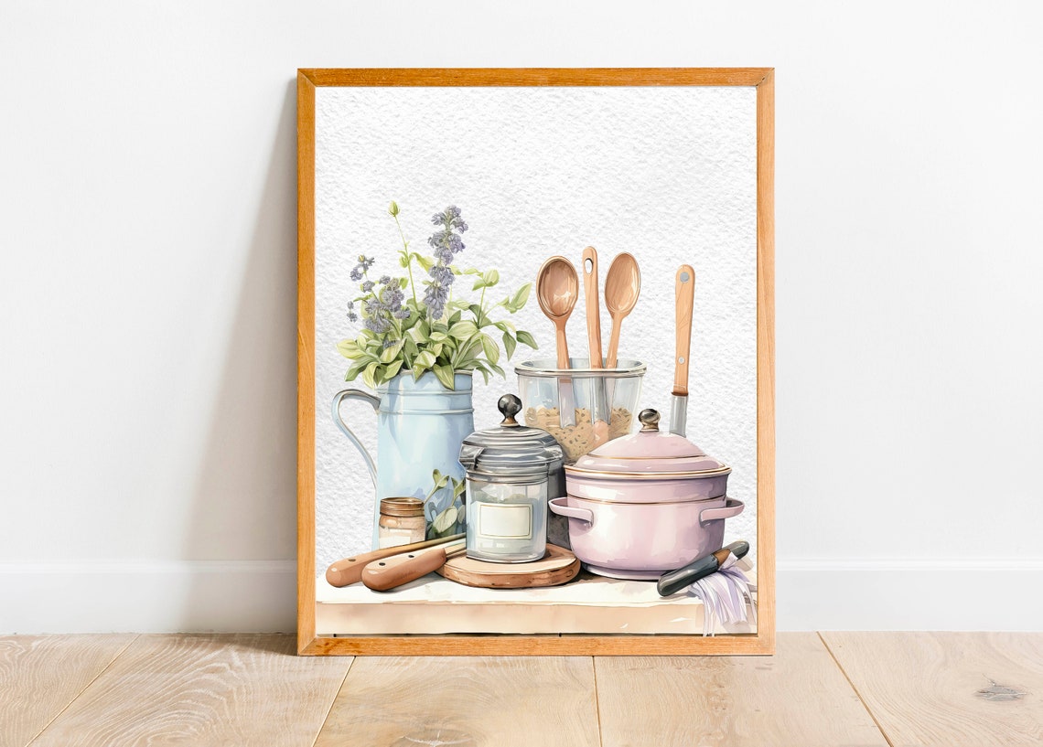 Watercolor Kitchen Still Life Enamelware Pitcher Utensils Home Poster - Image 4