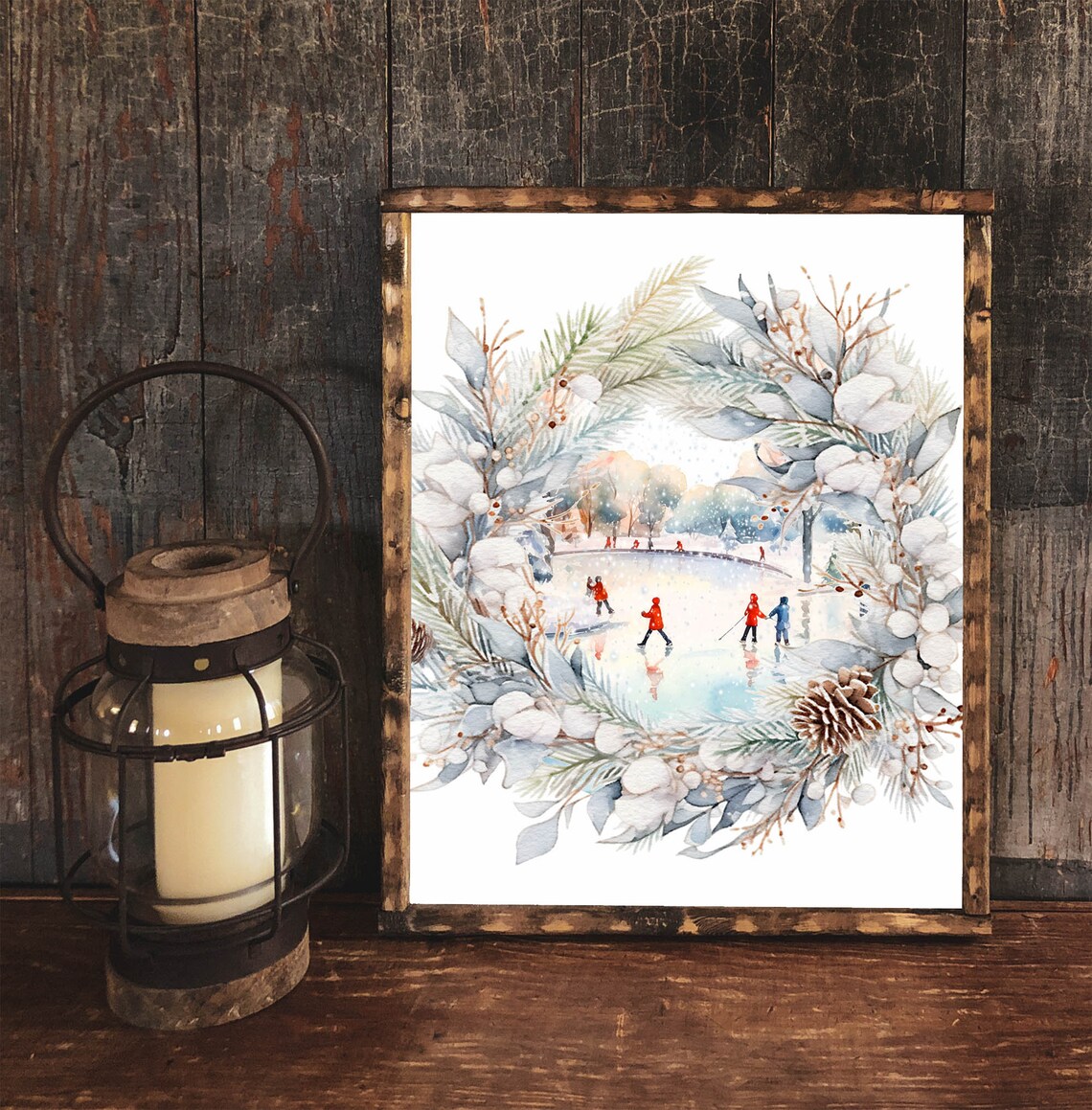Winter Wreath Ice Skaters Frozen Pond Christmas Scene Wall Poster - Image 2
