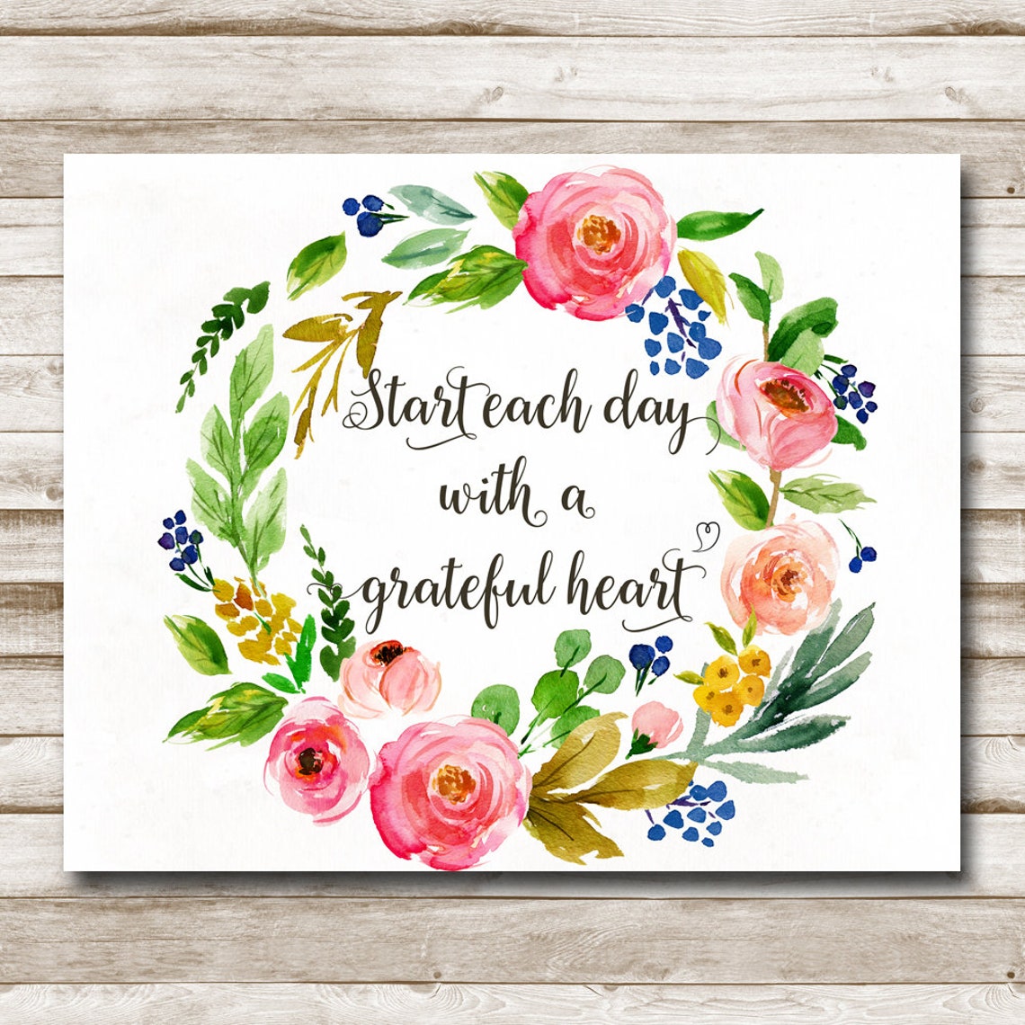 Start Each Day With A Grateful Heart Floral Wreath Calligraphy Poster - Image 4