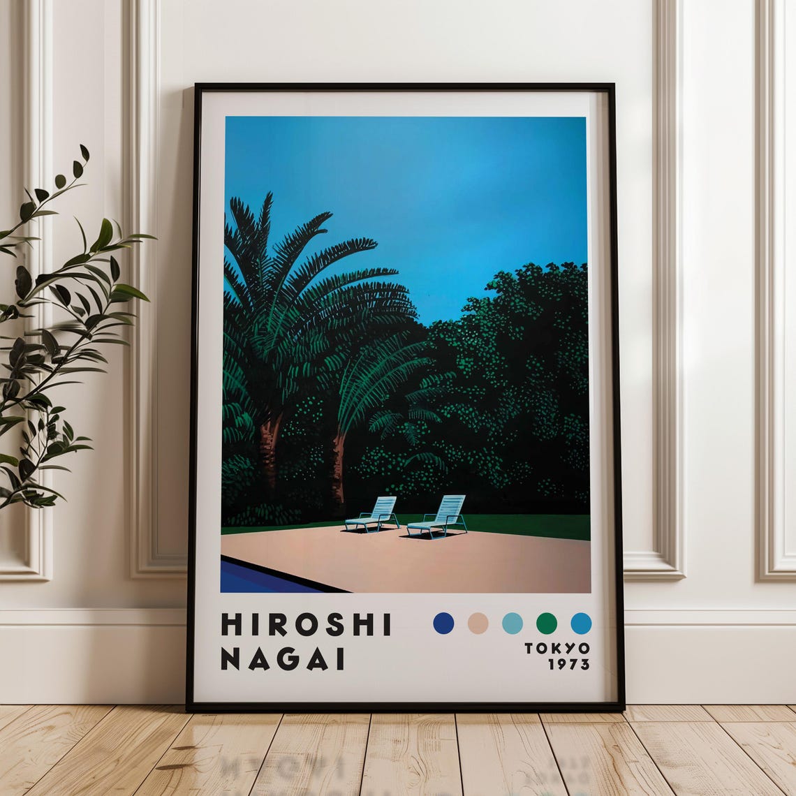 Hiroshi Nagai Poolside Lounge Chairs Palm Trees Night Art Poster