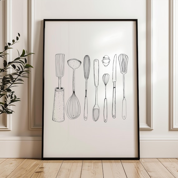 Kitchen Baking Tools Minimalist Fine Line Illustration Modern Decor Poster