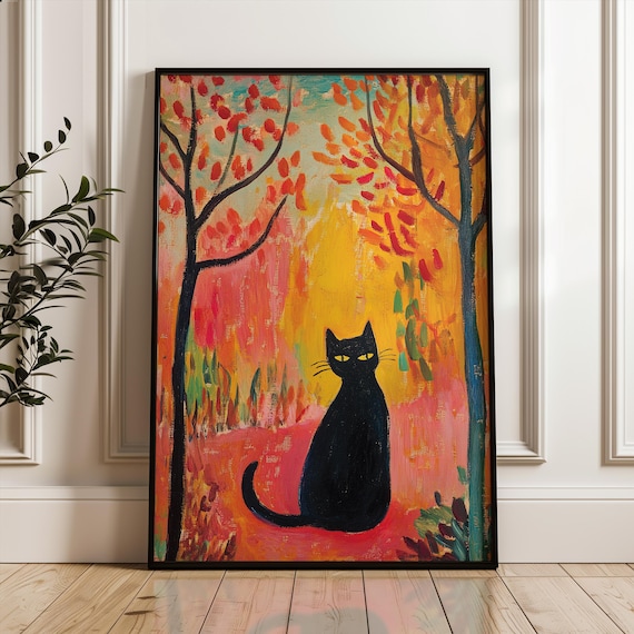 Matisse Style Black Cat in Fiery Red Autumn Forest Art Poster