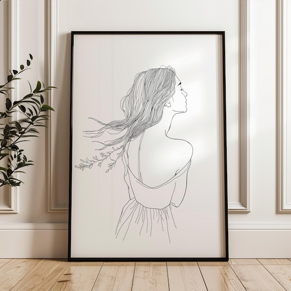Woman From Behind Line Art Flowing Hair Botanical Poster Minimal