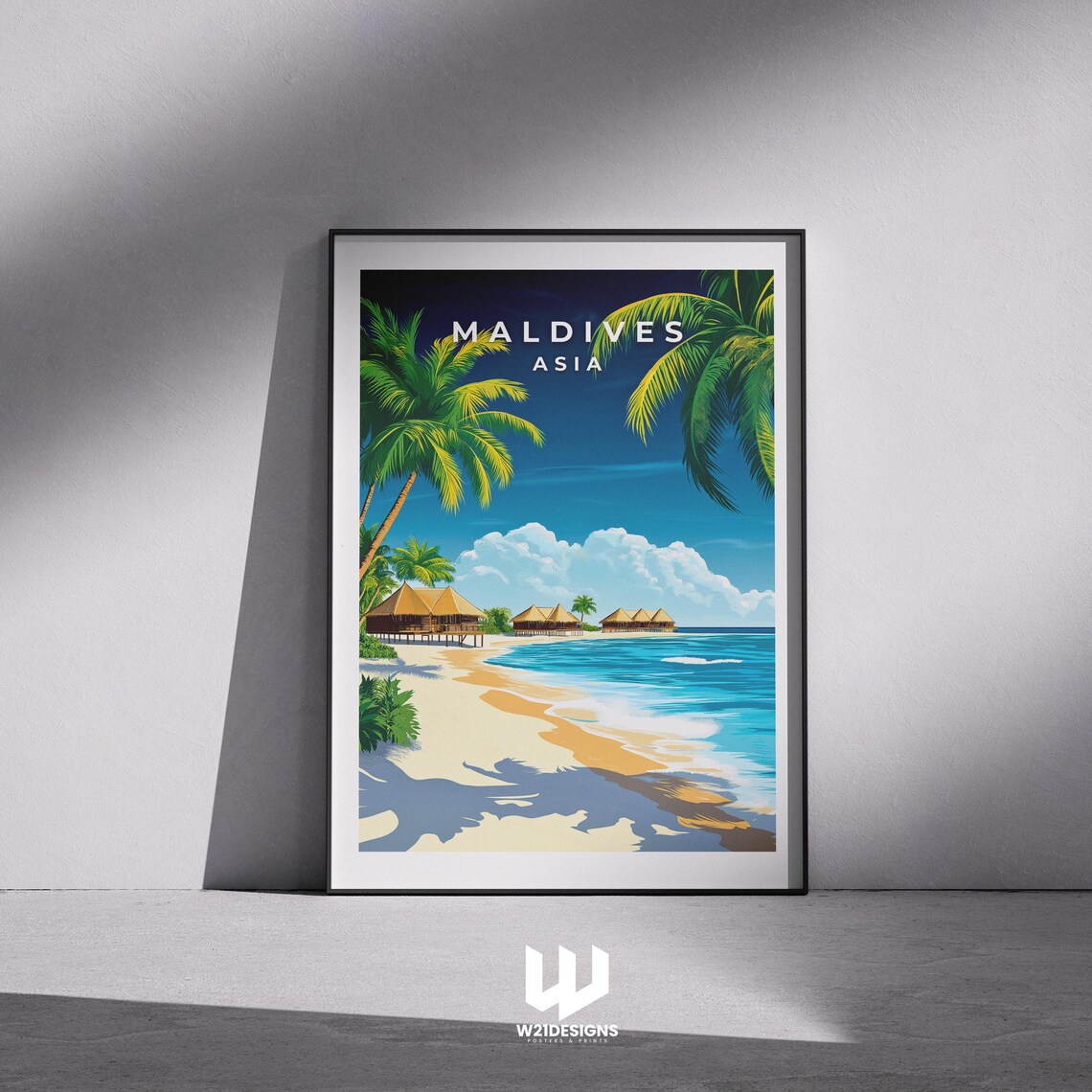 Maldives Asia Beach Huts Palm Trees Tropical Paradise Poster