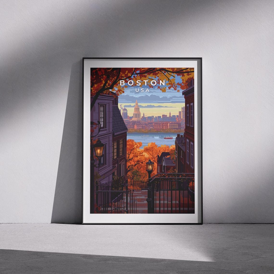 Boston USA Autumn Brownstone Street Skyline Fall Foliage Poster