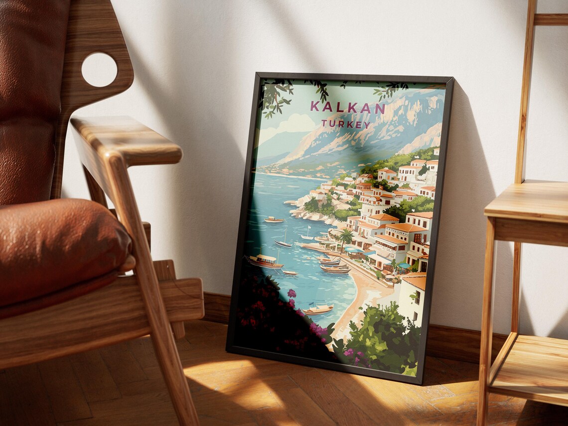Kalkan Turkey Coastal Town Harbor Vintage Illustration Poster - Image 2