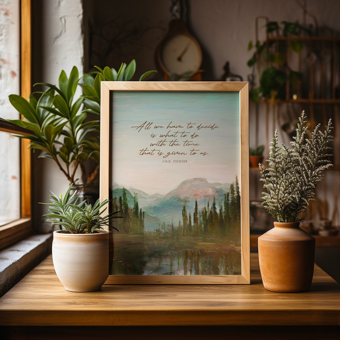 Tolkien All We Have To Decide Quote Misty Mountain Lake Pines Wall Print - Image 2