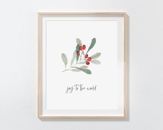 Joy to the World Watercolor Mistletoe with Red Berries Christmas Wall Art