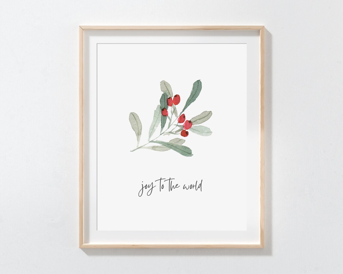 Joy to the World Watercolor Mistletoe with Red Berries Christmas Wall Art
