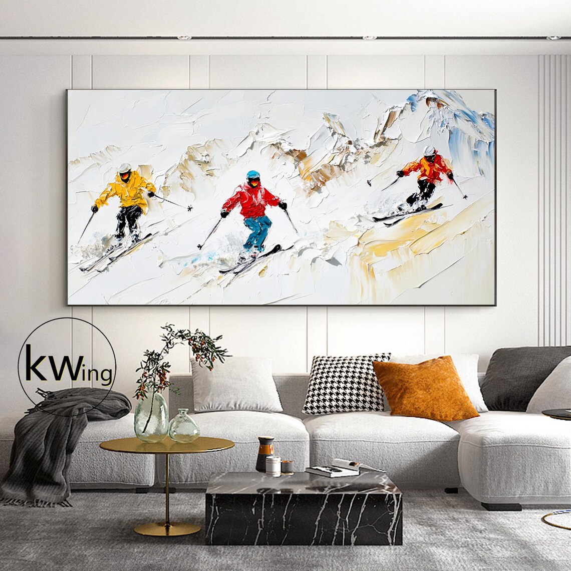 Three Skiers Downhill Snowy Mountain Palette Knife Oil Painting Poster - Image 4