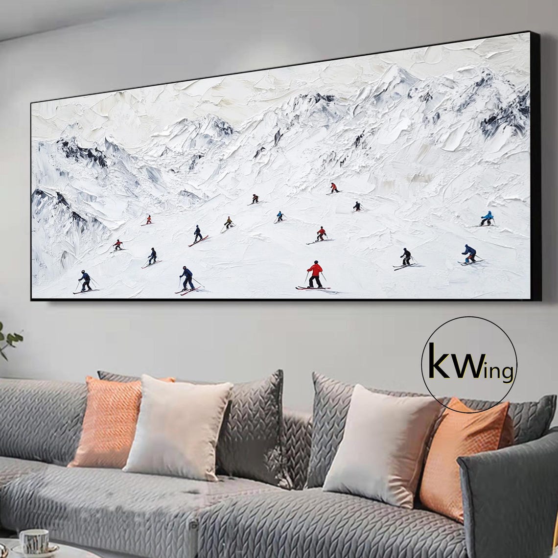 Original Ski Sport Painting On Winter Snowy Landscape Wall Art Modern Minimalist Painting White Skiers Art Living Room Wall Art Decor - Image 3