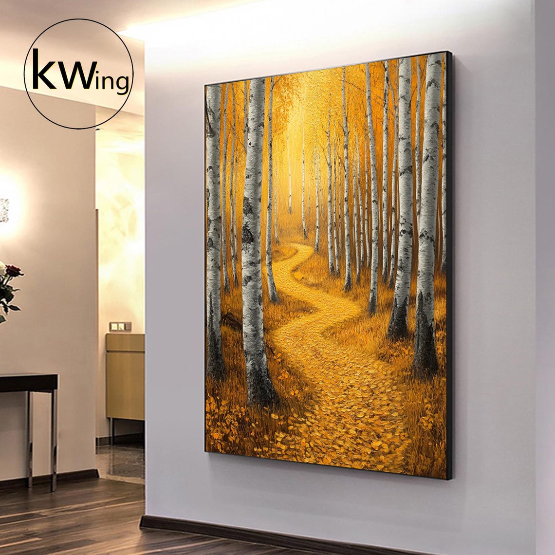 Golden Autumn Birch Forest Path Painting Textured Fall Wall Art Poster - Image 5