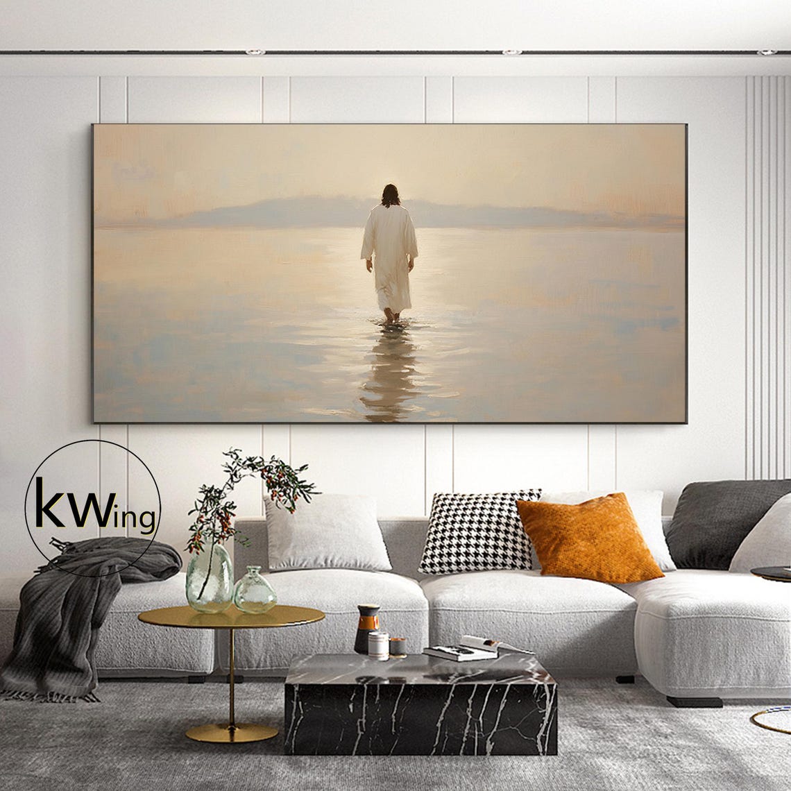 Jesus Walking on Water Toward Golden Horizon Serene Christian Poster - Image 4