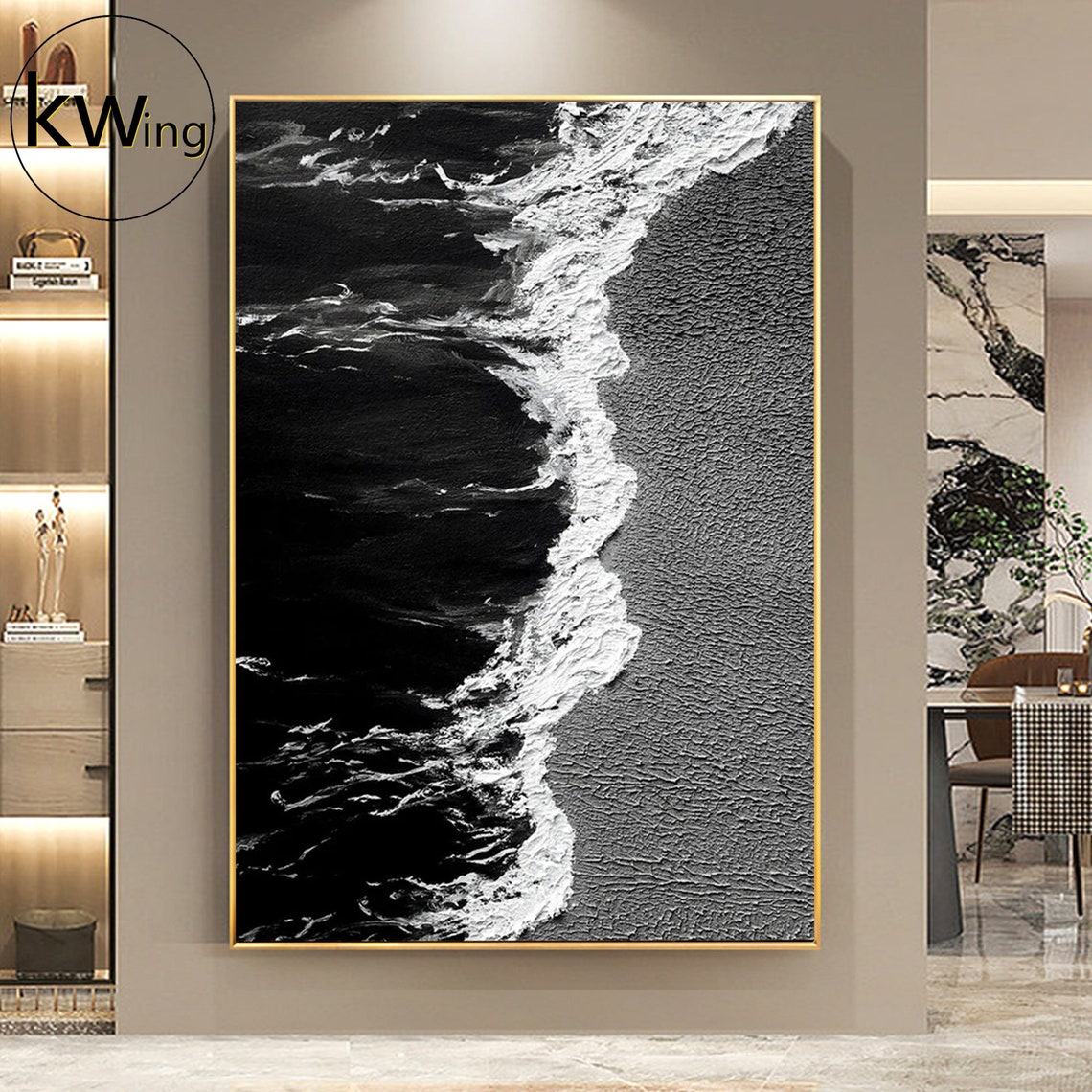 Black White Aerial Ocean Waves Abstract Textured Seascape Wall Poster - Image 3