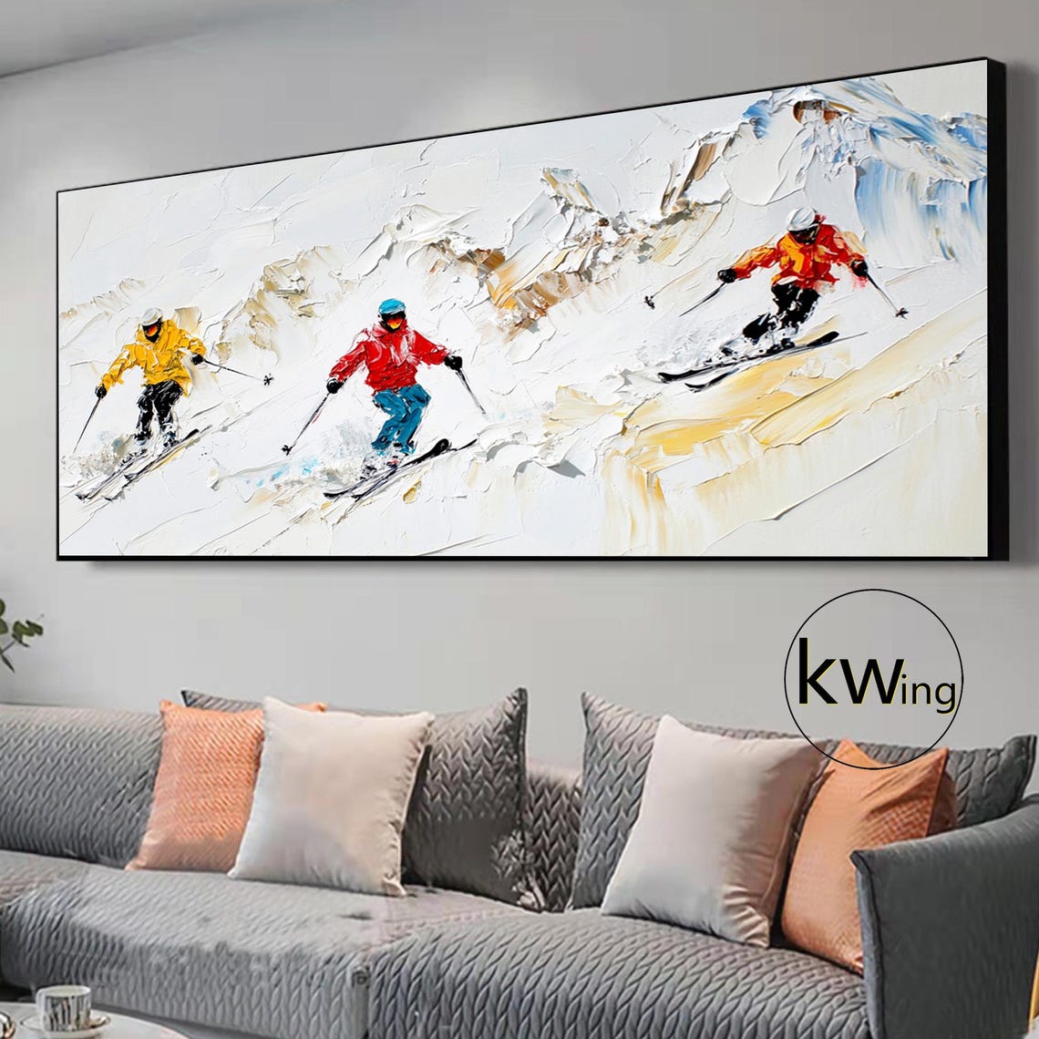 Three Skiers Downhill Snowy Mountain Palette Knife Oil Painting Poster - Image 3
