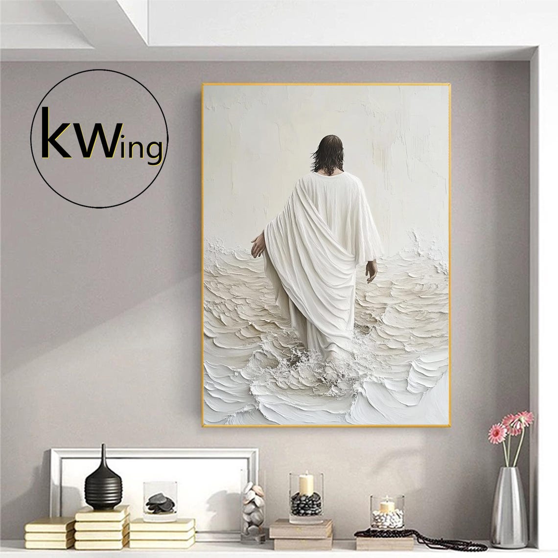 Jesus Walking on White Waves Textured Impasto Faith Wall Art Poster - Image 2
