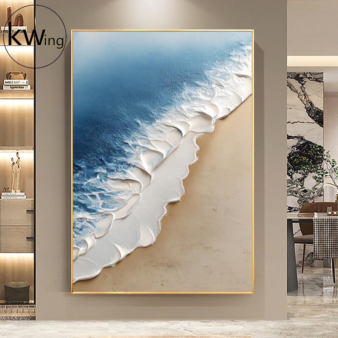 Blue Ocean Foam Wave Sandy Beach 3D Texture Painting Wall Art Poster - Image 4