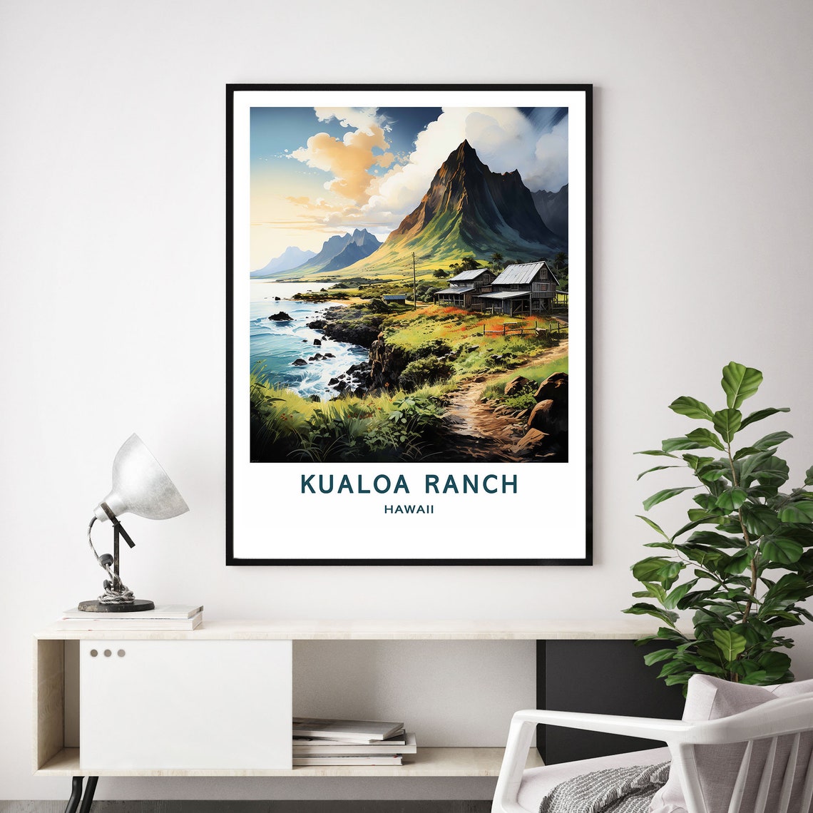Kualoa Ranch Hawaii Mountain Coast Vintage Travel Scenic Poster - Image 3