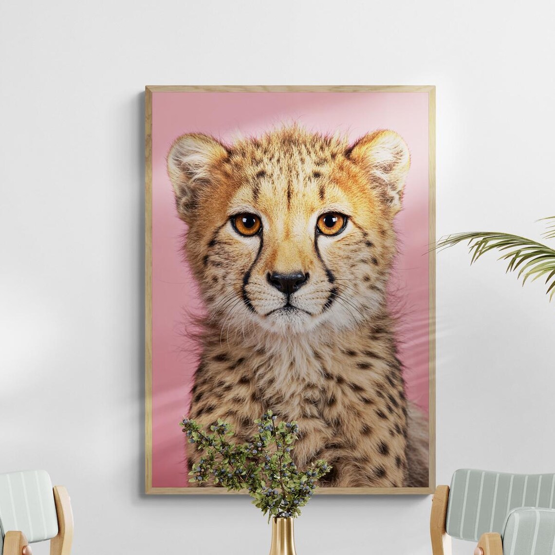 Cheetah Cub Close Up Portrait On Pink Background Cute Animal Art Print