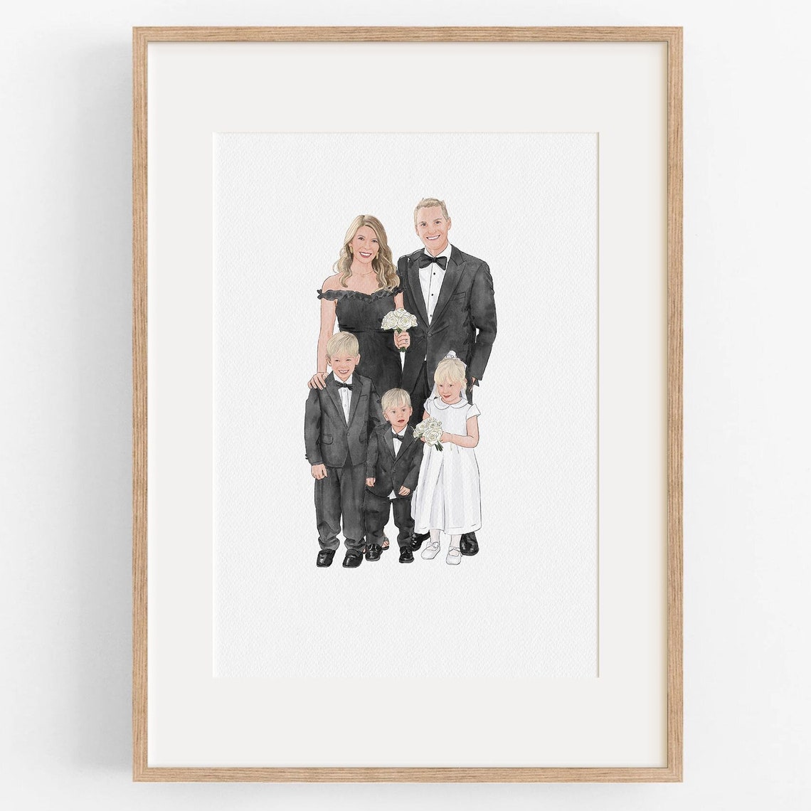 Custom Family Watercolor Portrait Print Formal Family of Five Keepsake