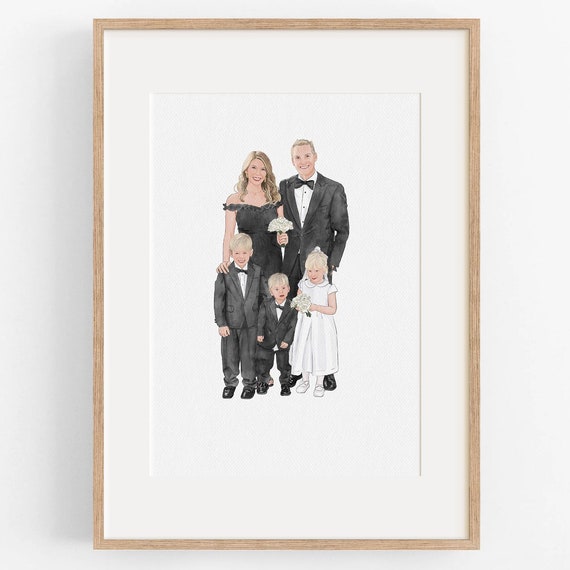 Custom Family Watercolor Portrait Print Formal Family of Five Keepsake