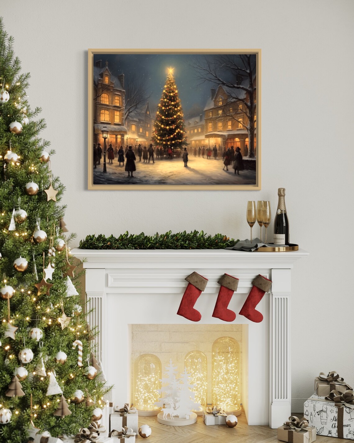 Victorian Town Square Christmas Tree Lighting Night Winter Art Poster - Image 2