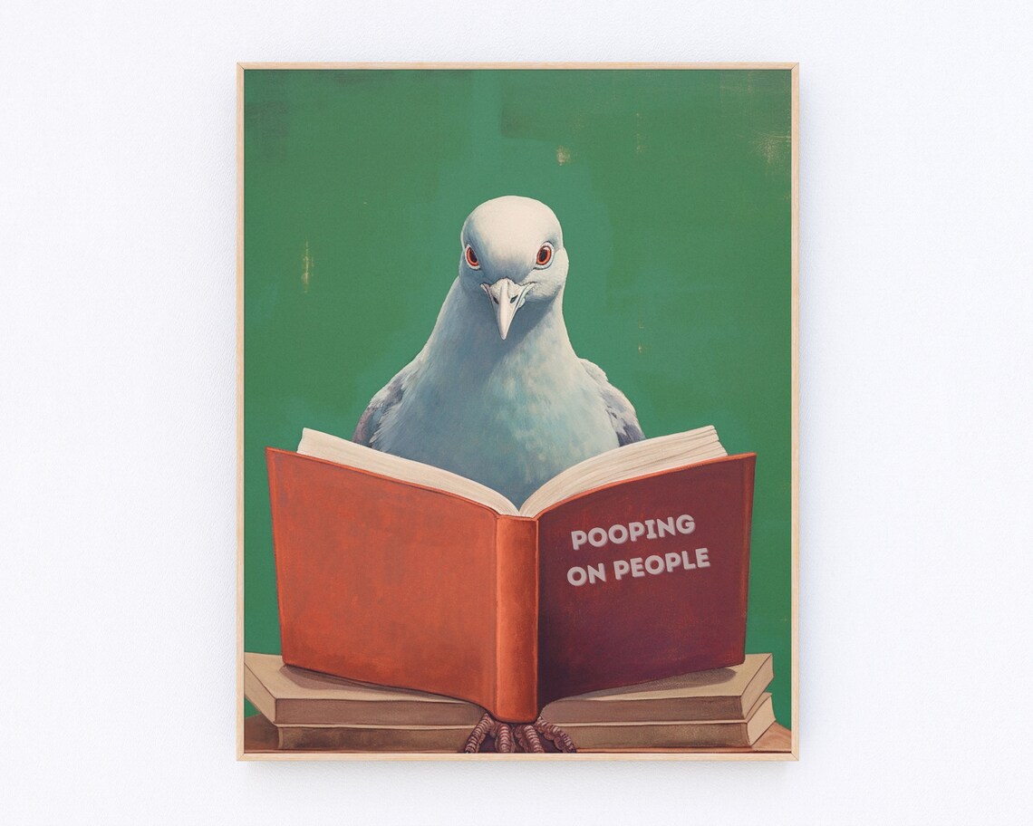 Retro Pigeon Bathroom Humor Poster, Y2K Decor