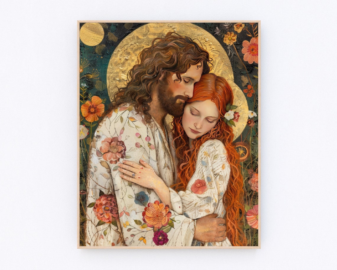 Christ Embracing Mary Gold Halo Dark Floral Christian Poster