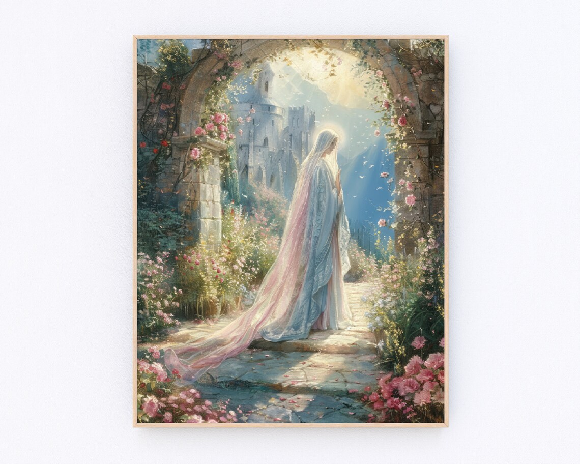 Virgin Mary Rose Garden Stone Arch Castle Christian Prayer Art Poster